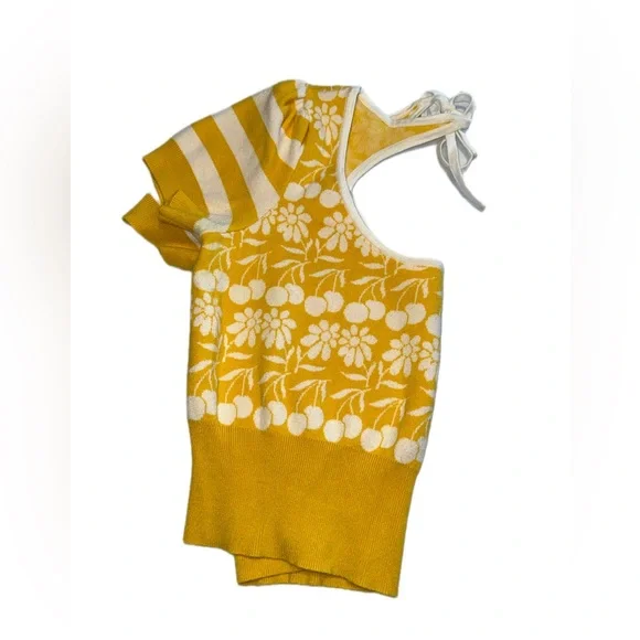 Maeve Anthropologie Yellow Floral Knit Top Open Back Tie Size L summer top 🍒 - Picture 4 of 9